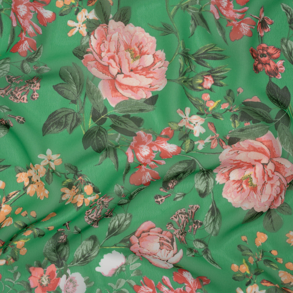 Polyester Chiffon - Kelly Green and Pink Floral - Designer Deadstock - Joann Fabrics