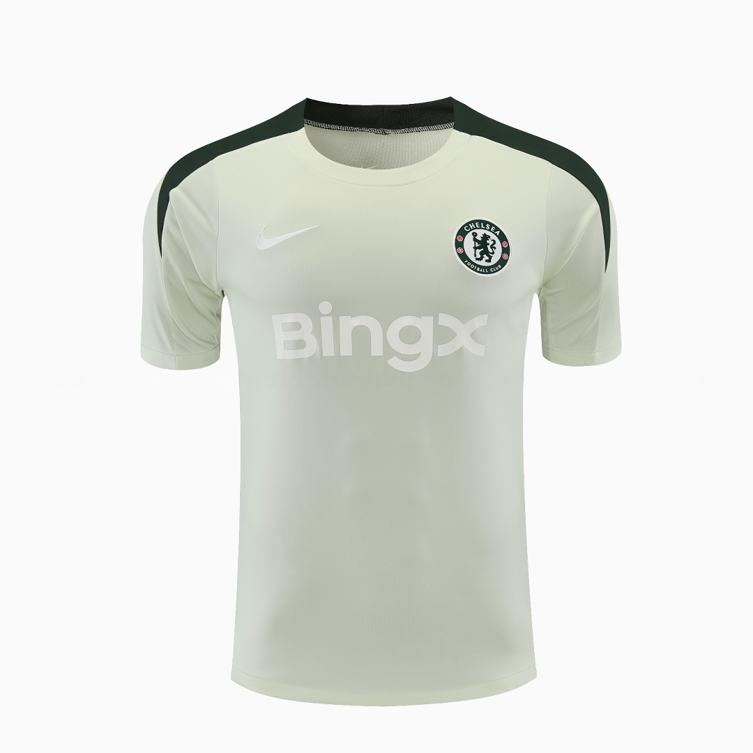C.H.E.L.S.E.A 25-26 Short-Sleeve Training Set - Light Gray With Dark Green Accents Top & Dark Green Pants - UnitedFutballJersey