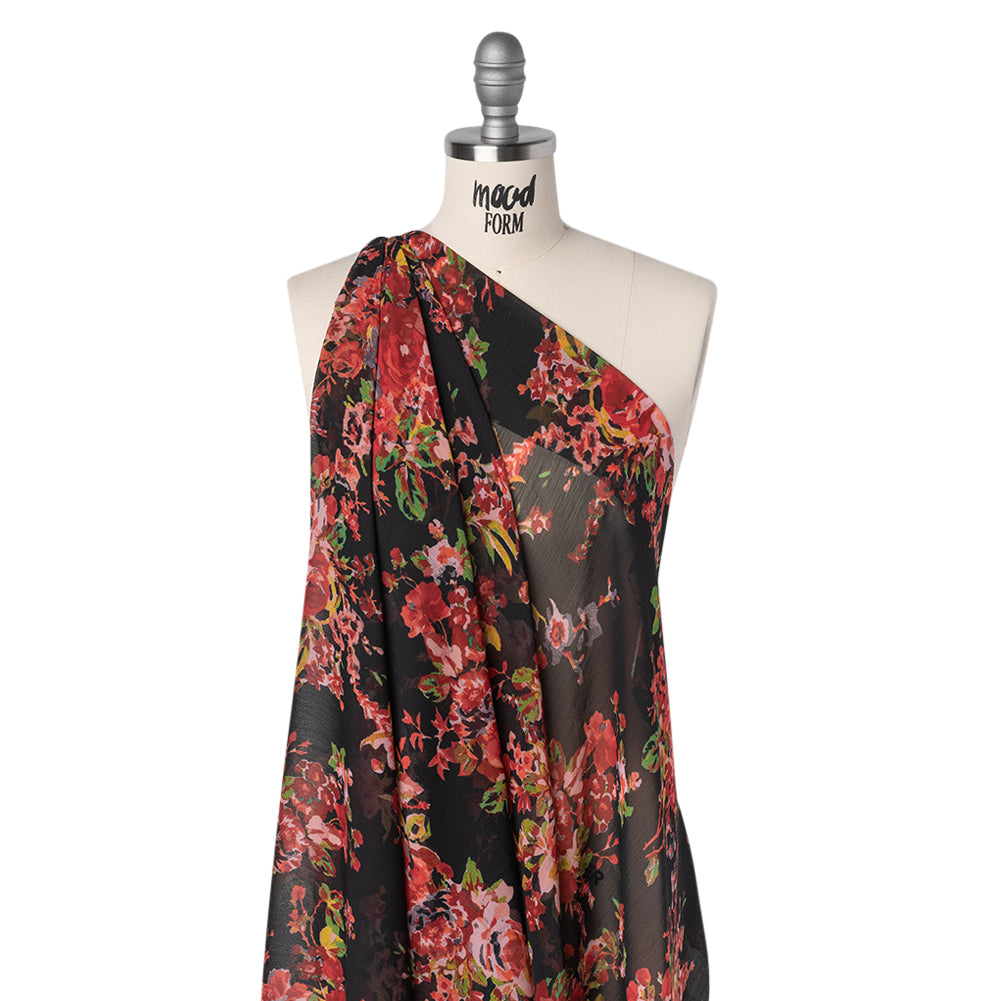 Crinkled Polyester Chiffon Print - Red, Green and Black Floral - Designer Deadstock - Joann Fabrics