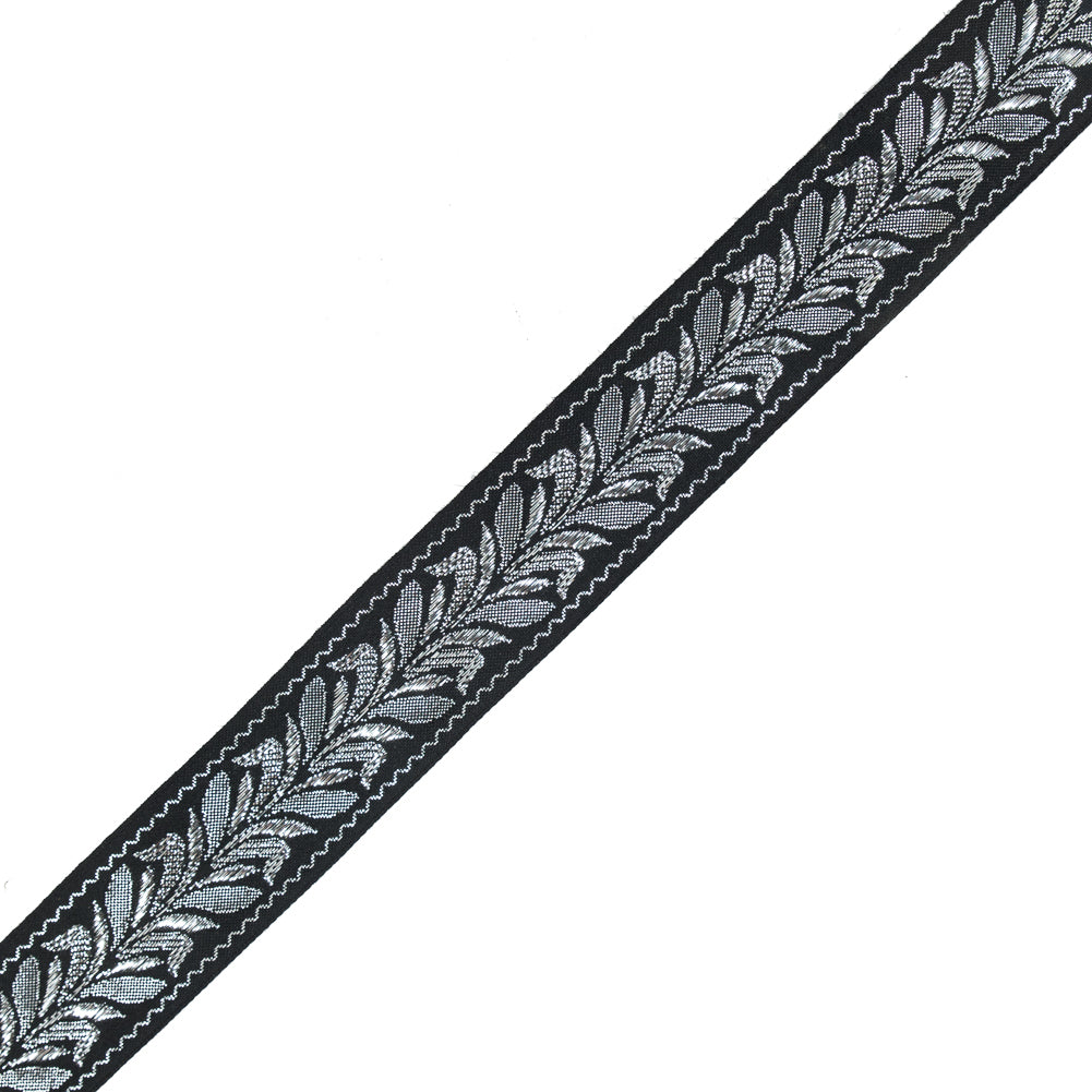 Black and Silver Metallic Foliage Jacquard Ribbon - 1.5