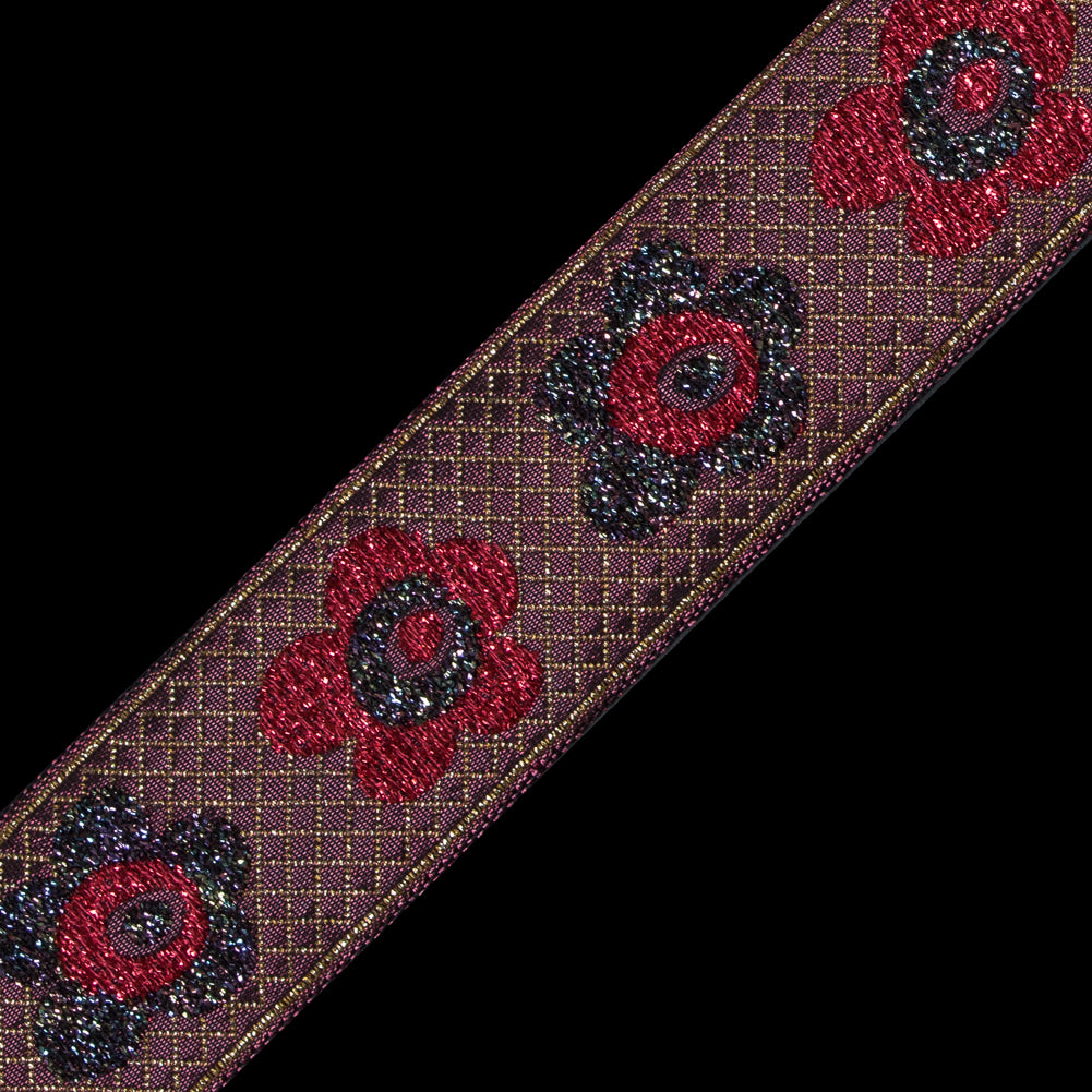 Red and Iridescent Metallic Floral Jacquard Ribbon - 1.25