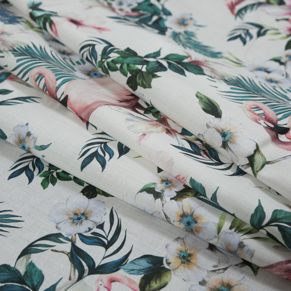 Cotton Voile - White Flamingos and Leaves - Balance of Unity Print - Mood Exclusive Key Largo Collection - Joann Fabrics