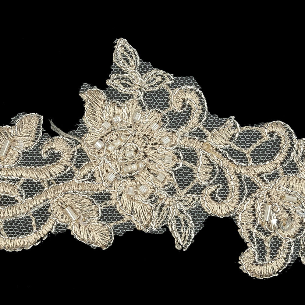 Light Champagne Floral Beaded Bridal Lace Trim with Silver Cording - 2.5
