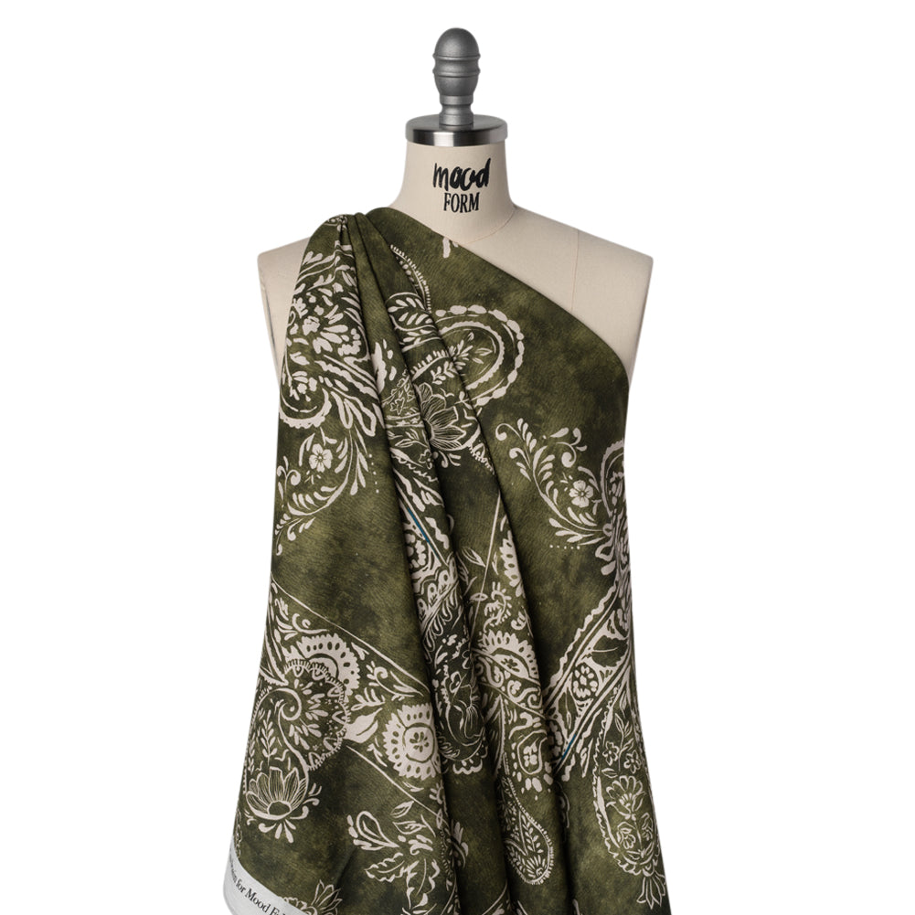 Linen and Rayon Woven - Forest Green and White Paisley and Frames - Mood Exclusive Arabesque Allure Print - Joann Fabrics