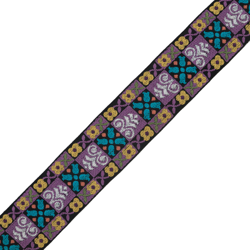 Black, Purple and Yellow Floral Geometric Jacquard Ribbon - 2