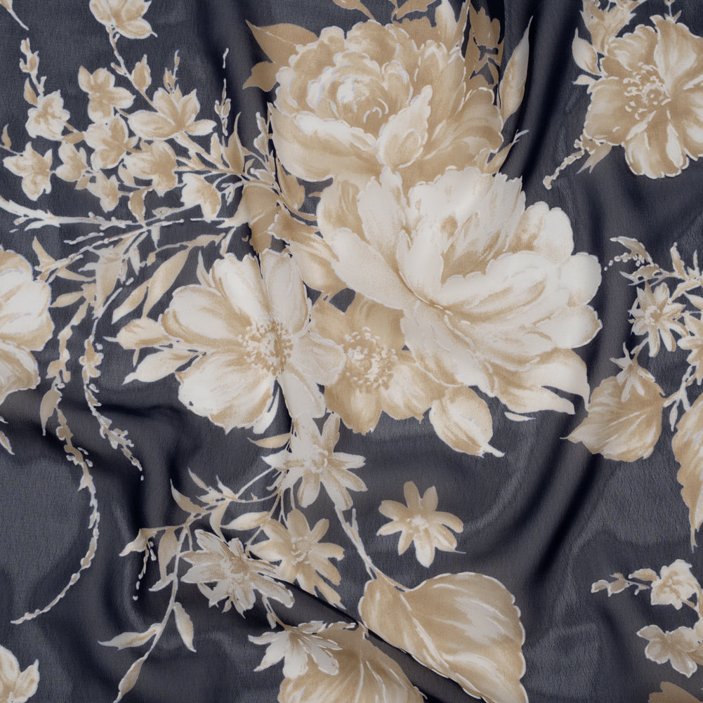 Polyester Chiffon with Puffy Print - Navy, Ivory and Tan Floral - Designer Deadstock - Joann Fabrics