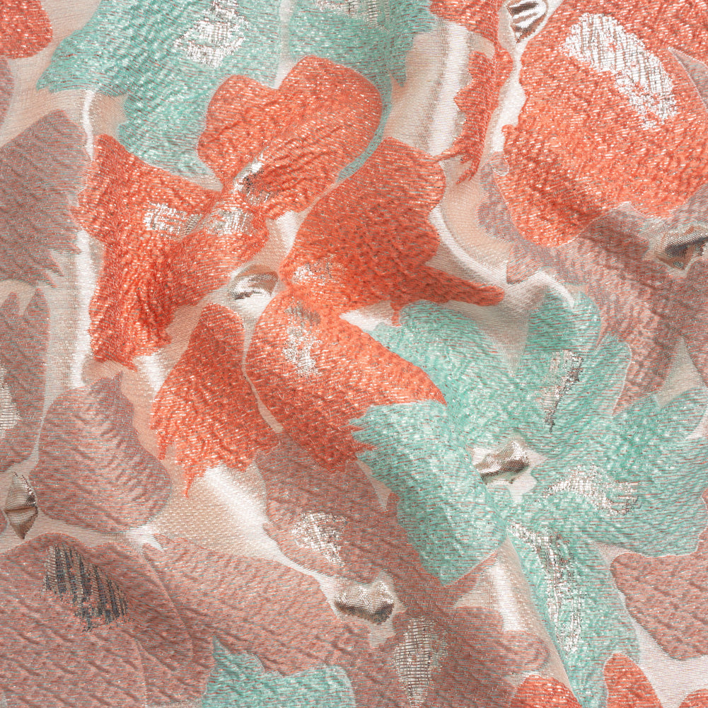 Metallic Silver, Coral and Turquoise Floating Blossoms Luxury Brocade - Joann Fabrics