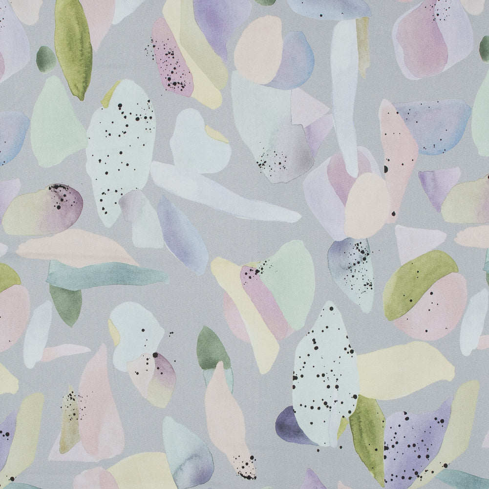 Stretch Cotton Sateen - Silver and Multicolor Abstract Spots - Dappled Duende Print - Mood Exclusive Avenable Collection - Joann Fabrics
