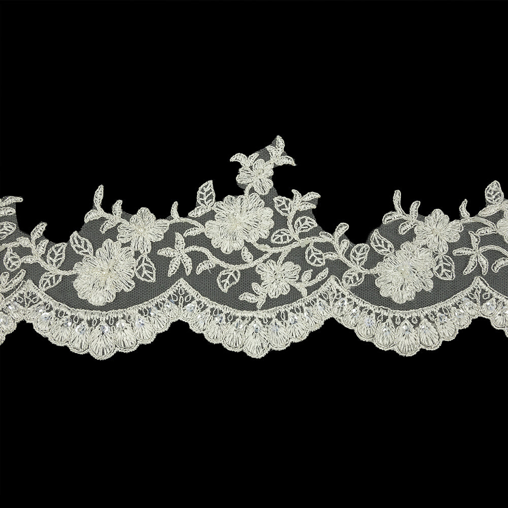 Off White and Striped Metallic Silver Floral Sequins and Beaded Bridal Lace Trim with Scalloped Edge - 4.5