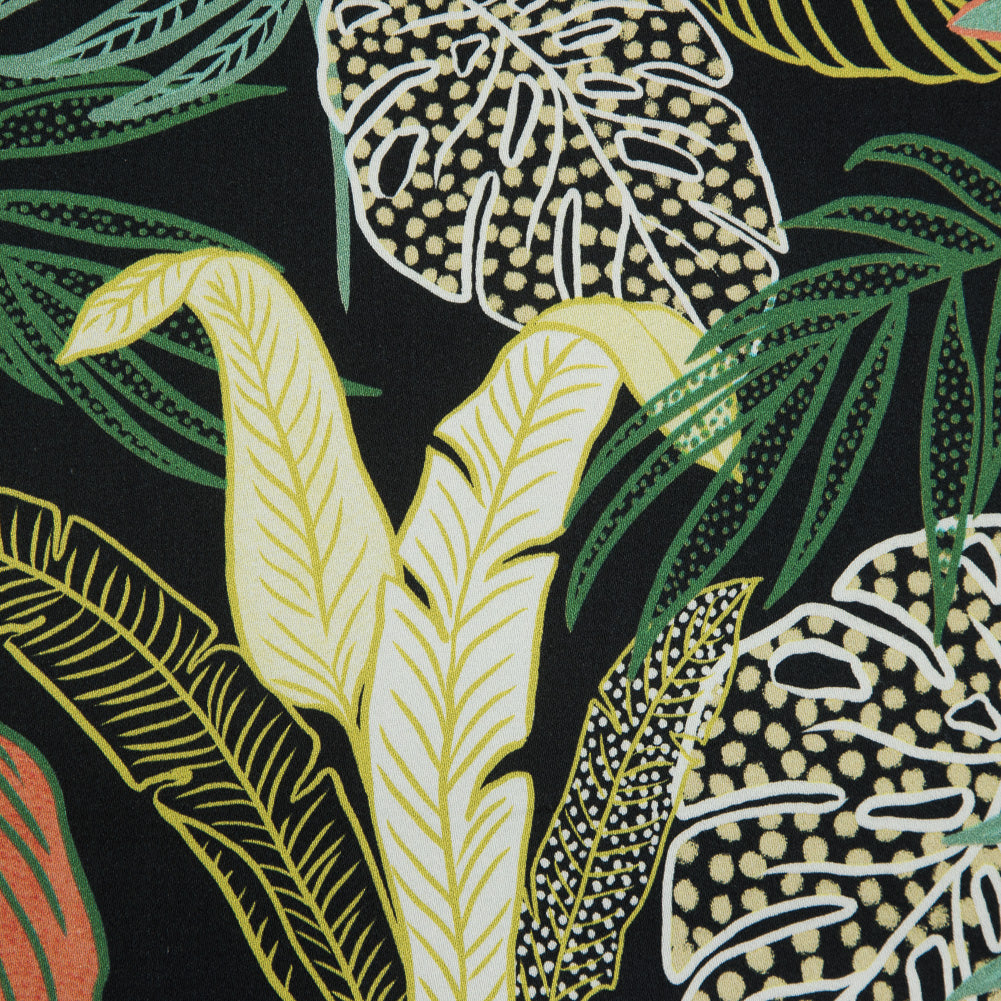 Stretch Cotton Sateen - Black and Green Leaves - Tropikaj Lumoj Print - Mood Exclusive Avenable Collection - Joann Fabrics