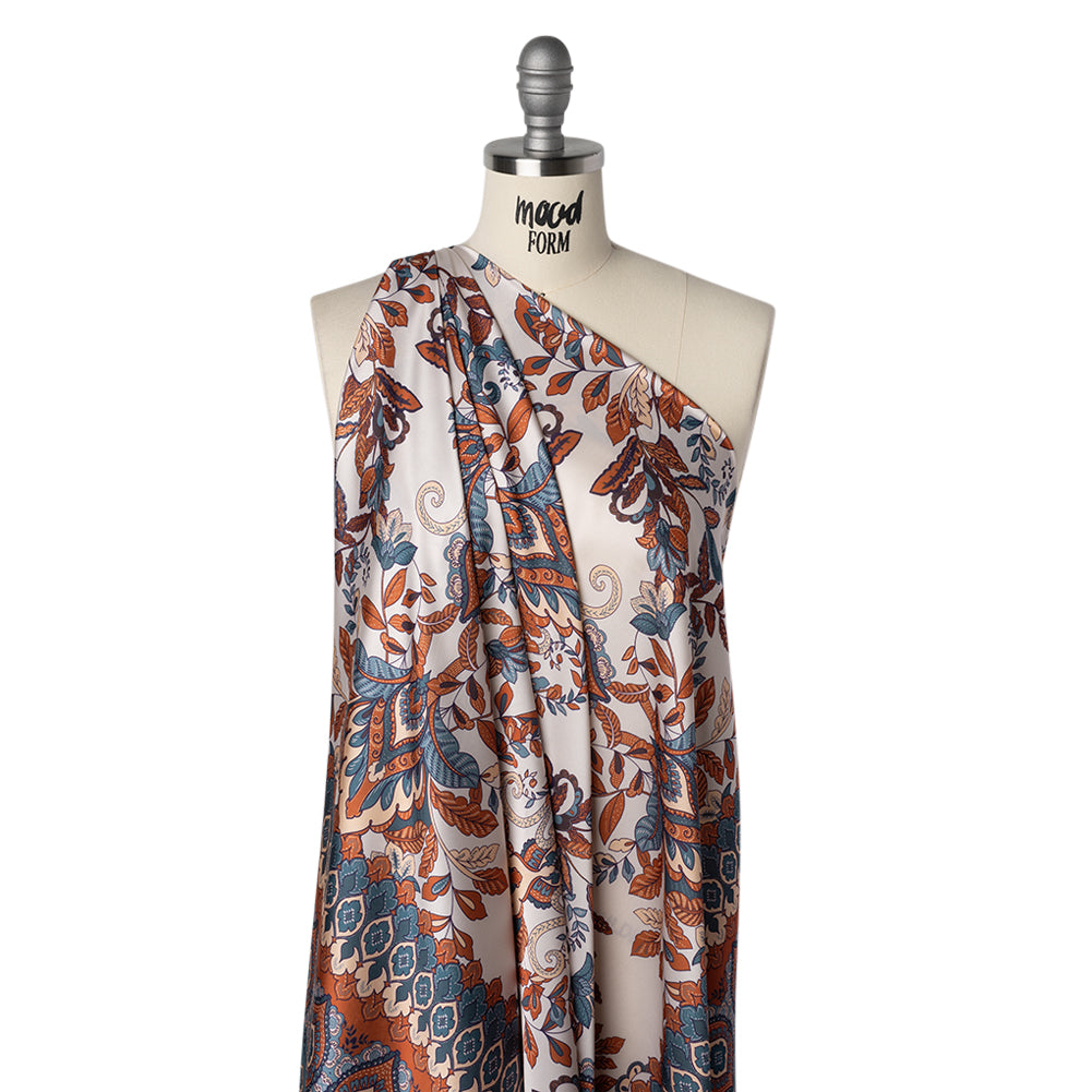 Polyester Charmeuse Print - Steel Blue, Burnt Orange and Cream Floral with Borders - Designer Deadstock - Joann Fabrics