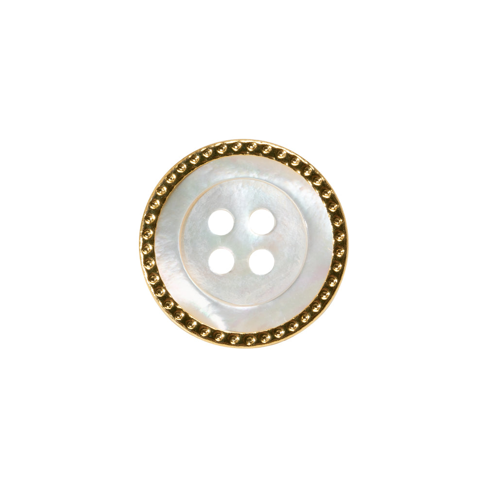 Mother of Pearl 4-Hole Button - 28L/18mm - Iridescent White with Gold Metal Hobnail Rim - Made in Italy - Joann Fabrics
