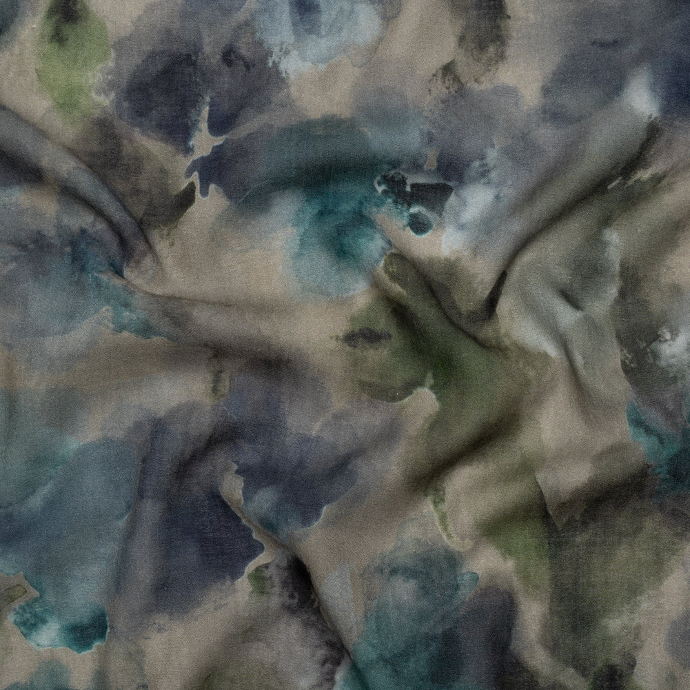 Cotton Crepe - Gray, Olive and Dark Blue Abstract Watercolor - Mood Exclusive Flowing Horizons Print - Joann Fabrics