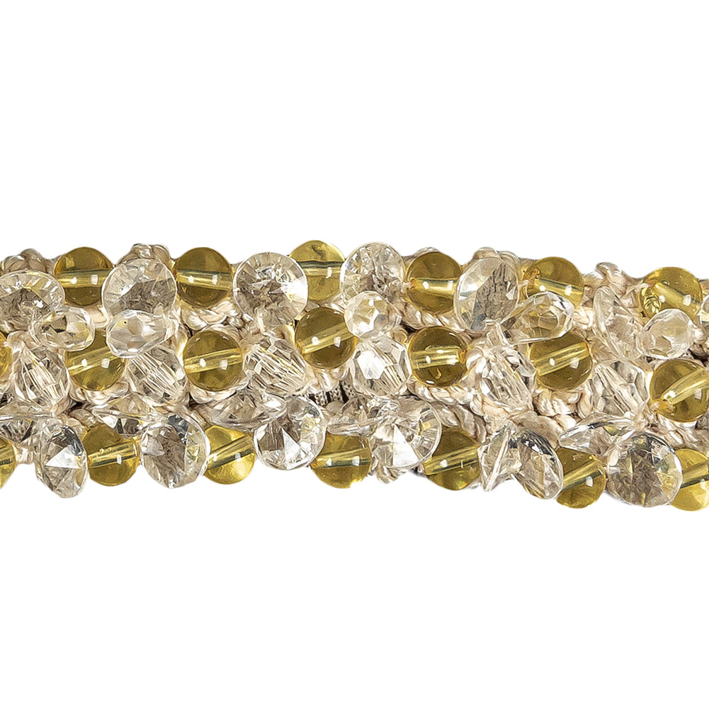 Vintage Yellow and Clear Beaded Beige Cotton Blend Braided Trim - 1.25