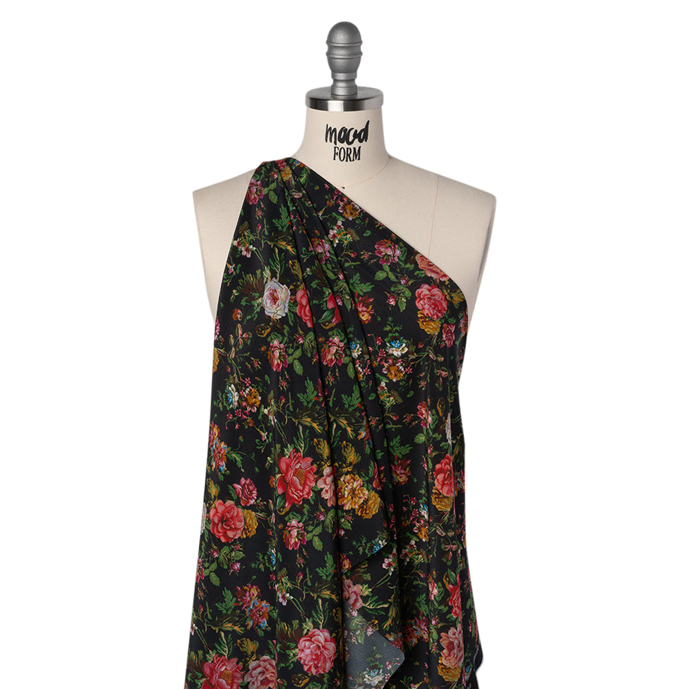 Silk Crepe de Chine Print Made in Italy - Black, Pink and Yellow Ochre Floral - Deadstock - Joann Fabrics