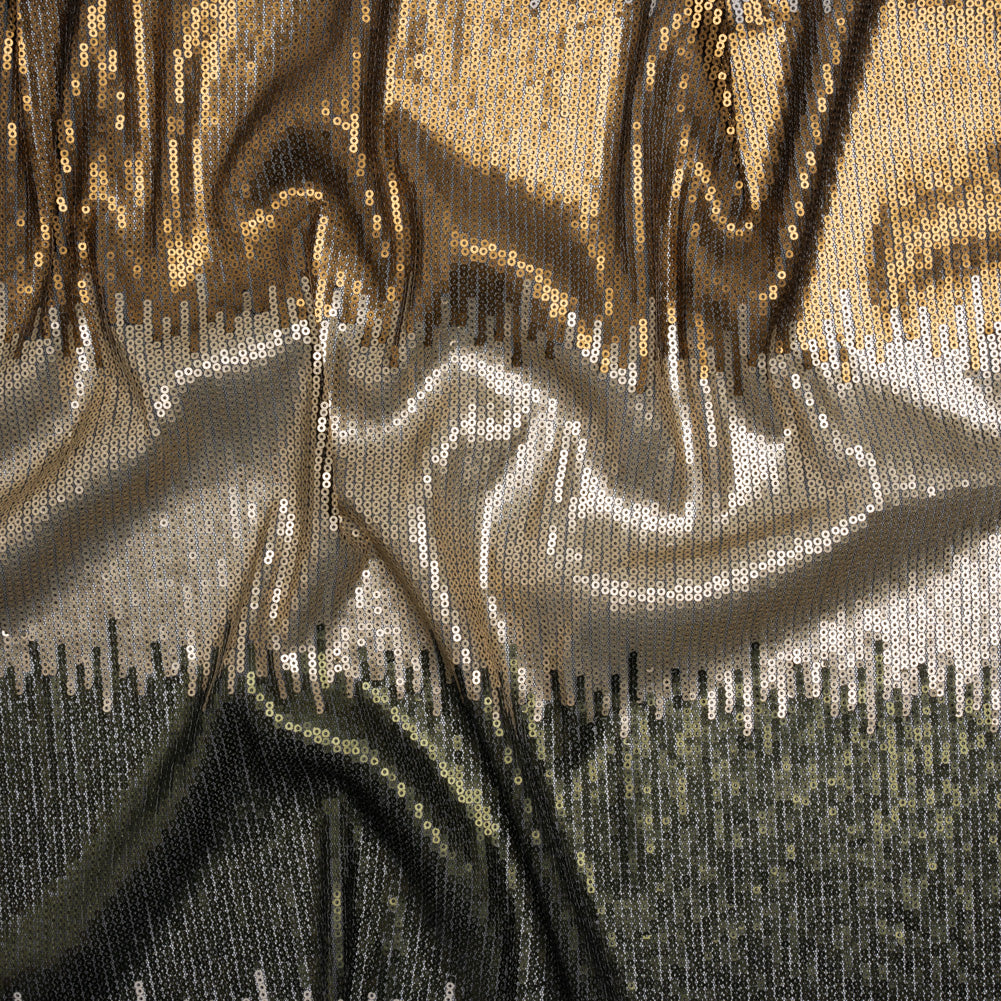 Baby Sequins on Black Stretch Mesh - Olive Green, Light Beige and Tan Ikat Stripes - Deadstock - Joann Fabrics