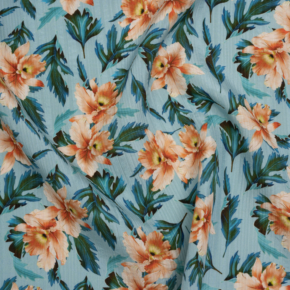 Texture Stripe Silk Dobby Made in Italy - Sky Blue, Peach and Teal Flowers and Leaves - Deadstock - Joann Fabrics