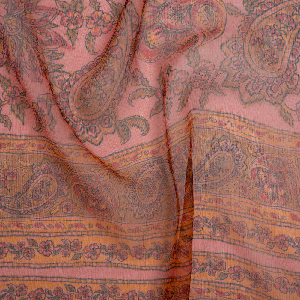 Crinkled Silk Chiffon Print - Pink, Dark Orange and Red Paisley and Floral Stripe - Deadstock - Joann Fabrics