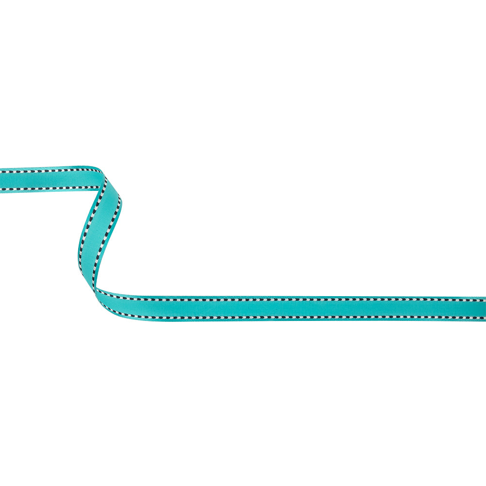 Turquoise Woven Ribbon with Navy and White Stitched Border - 0.375
