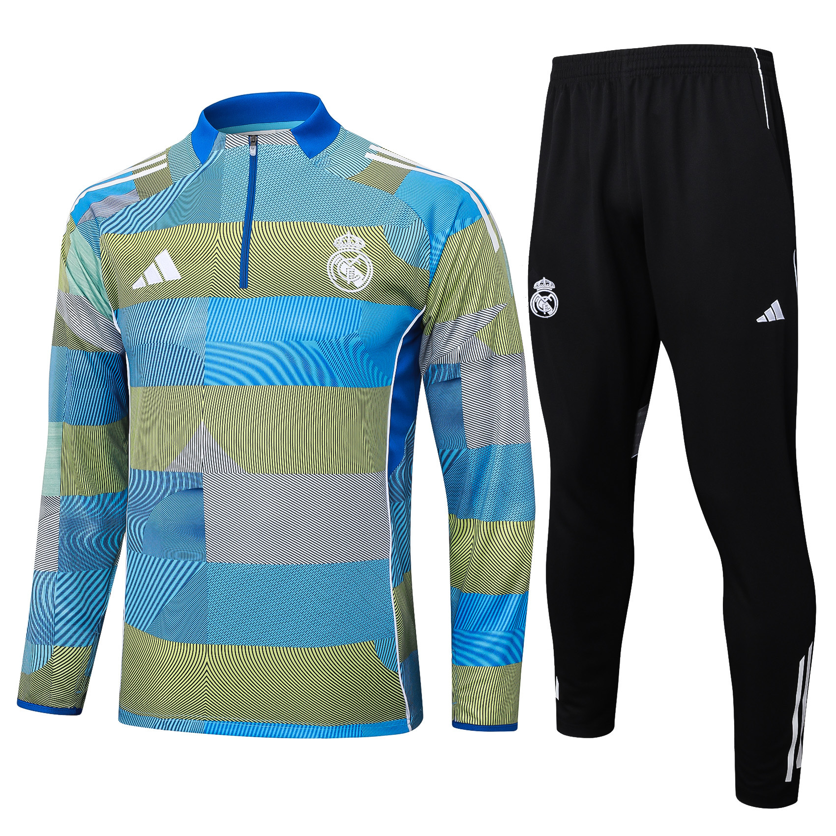 2025/2026 Real Madrid Blue-green striped inkjet Half-Pull Training Suit Football Shirt 1:1 Thai Quality Set