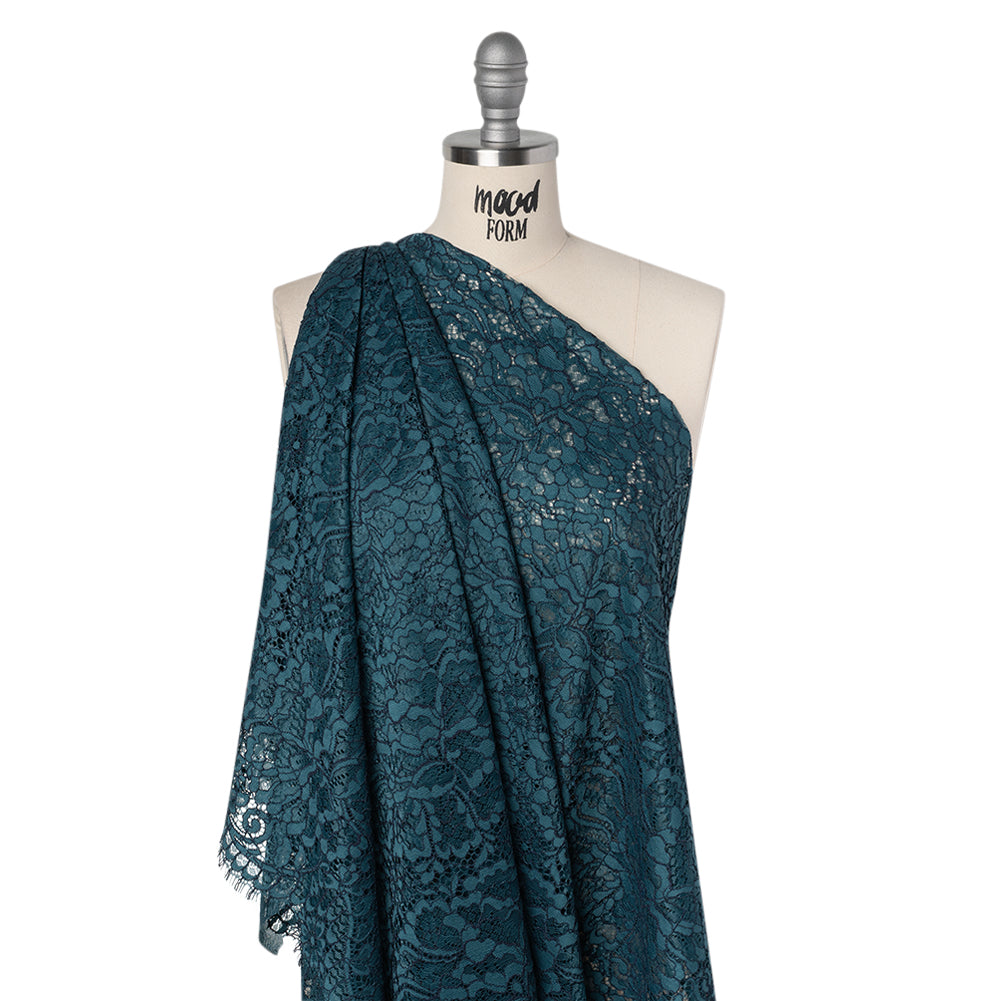 Corded Raschel Lace Panel with Finished Edges - Dark Teal and Navy All-Over Flowers and Leaves - Joann Fabrics