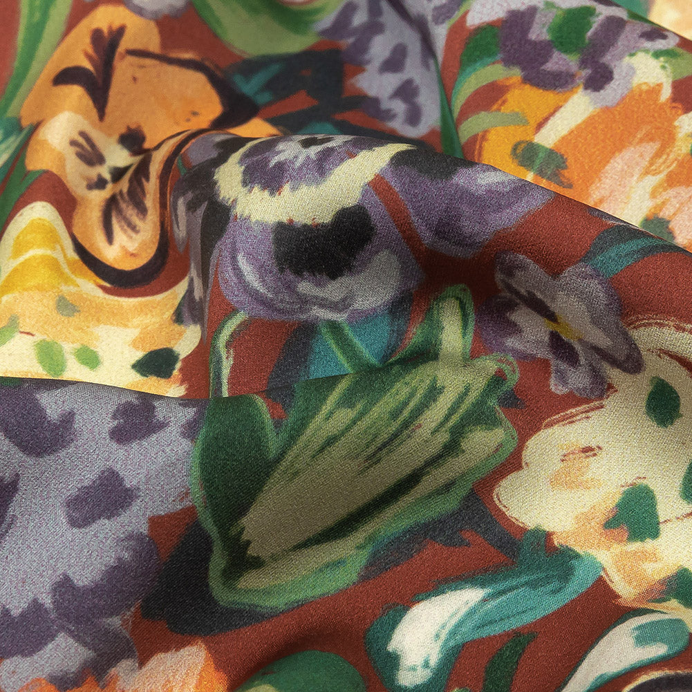 Polyester Crepe de Chine Print - Burnt Russet Brown, Yellow and Purple Floral - Mood Exclusive Language of Flowers - Joann Fabrics