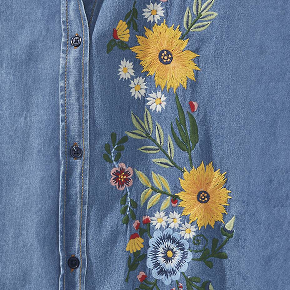 Floral-Embroidered Denim Button-Front Shirt, Long Sleeves, Curved Hem - Northstyle Catalog