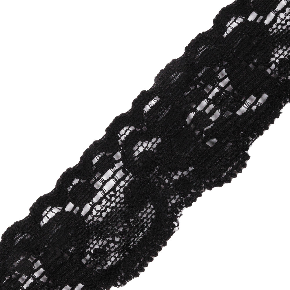 Black Floral Stretch Lace Trim - 1.25
