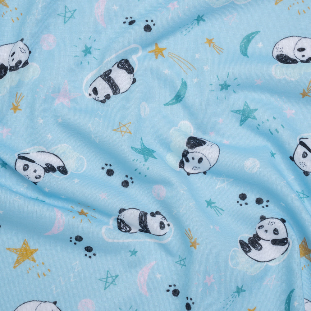 Recycled Polyester Jersey Print - Sky Blue, Black and White Sleepy Pandas - Deadstock - Joann Fabrics