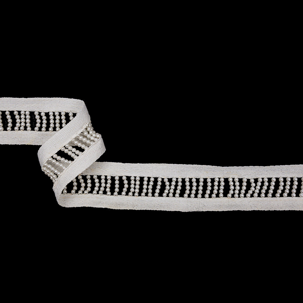 Vintage White Faux Pearl Bead Strands Between White Twill Tapes - 1.375