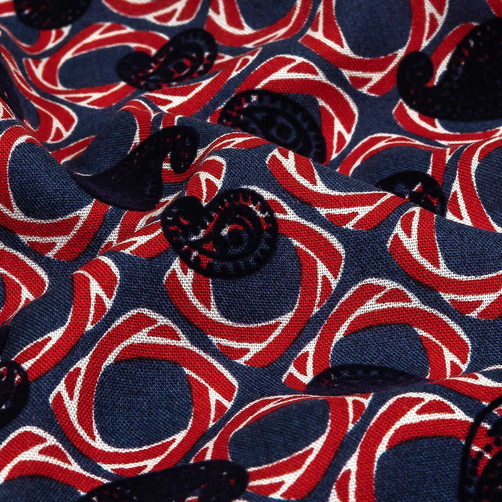 Salsa and Navy Flocked Paisley on Twisted Squares Printed Viscose Woven - Joann Fabrics