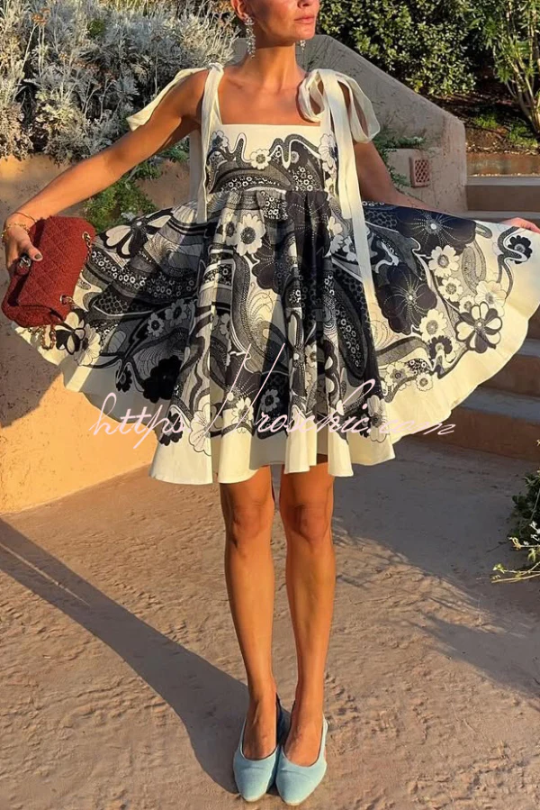 Unique Print Square Neck Spaghetti Strap Tie Full Hem Mini Dress