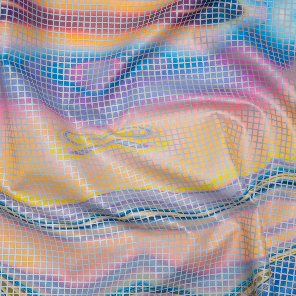 Reflective Print Fabric - Blue, Pink and Yellow Oily Abstract with Silver Gray Grid - Joann Fabrics
