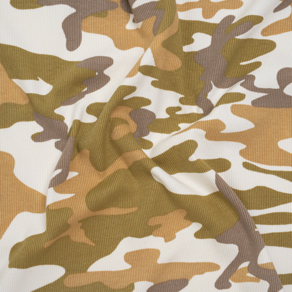 Stretch Cotton 2x2 Rib Knit Print - Cream, Beige and Olive Camouflage - Deadstock - Joann Fabrics