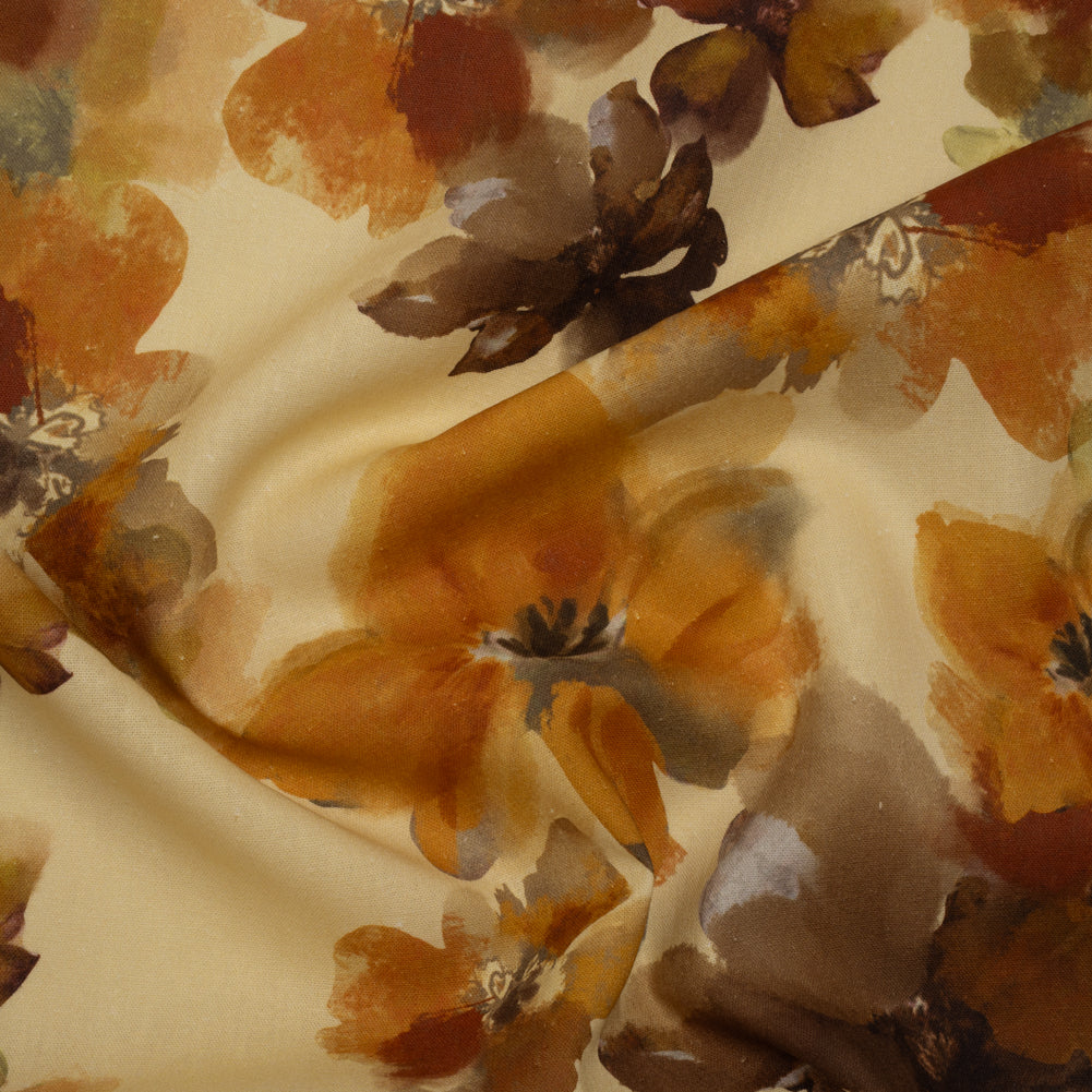 Linen and Rayon Woven - Pale Yellow, Burnt Orange and Brick Painterly Florals - Mood Exclusive Sunwashed Serenade Print - Joann Fabrics