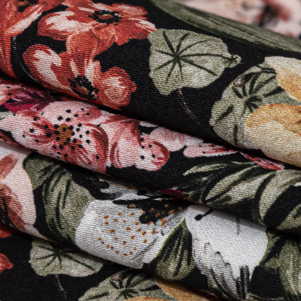Stretch Cotton Sateen - Black Flowers - Floral Overflow Print - Mood Exclusive Serengeti Collection - Joann Fabrics
