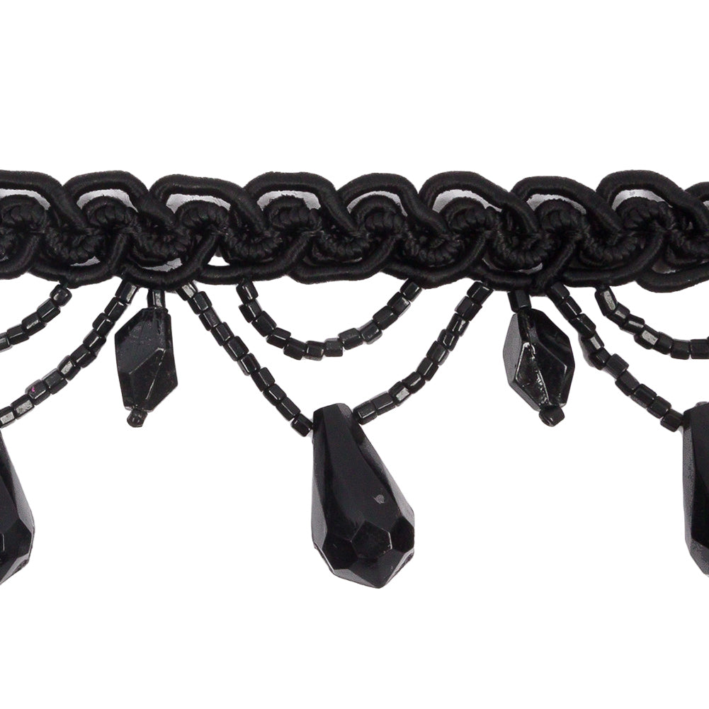 Vintage Black Teardrops and Glass Beaded Looped Fringe on Black Braid - 1.5