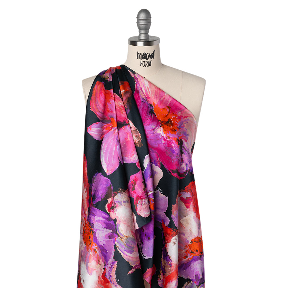 Silk Charmeuse Print 16MM, Made in Italy - Navy, Purple and Pink Painterly Flowers - Joann Fabrics