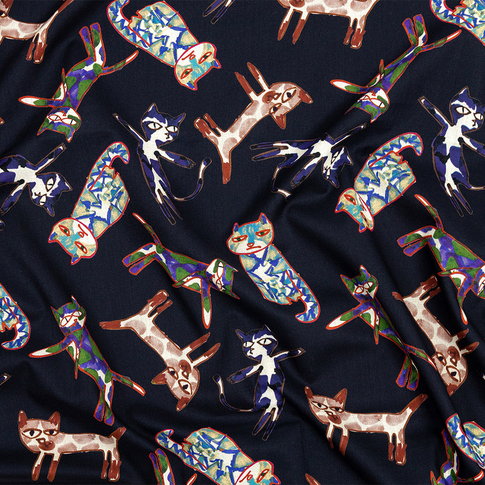 Cotton Voile - Colorful Cats on Black - Fatuous Felines Print - Mood Exclusive Tumunyana Collection - Joann Fabrics
