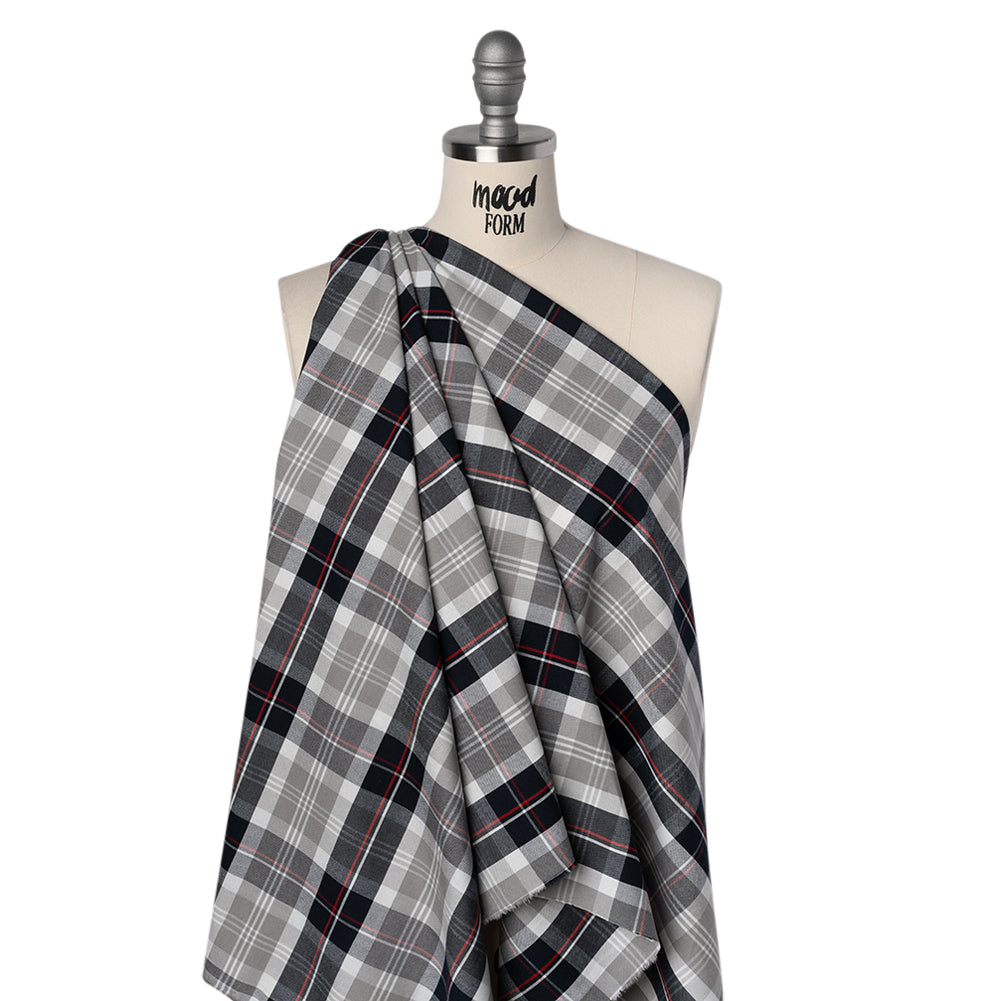 Cotton Oxford Shirting - Warm Gray, Cool Black and Red Plaid - Deadstock - Joann Fabrics