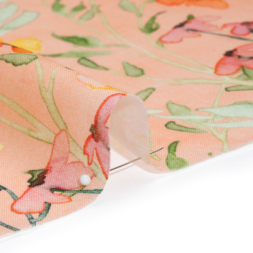 Lightweight Linen Woven - Yellow, Red and Green Watercolor Floral Trails on Blush Pink - Joann Fabrics
