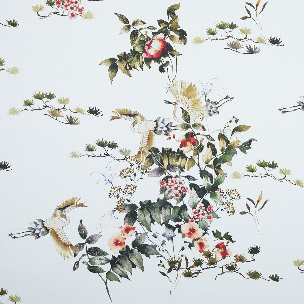 Stretch Cotton Sateen - White and Green Birds and Flowers - La Grande Tournee Print - Mood Exclusive Jacques Collection - Joann Fabrics