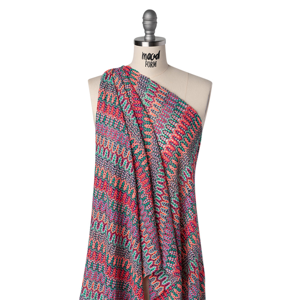 Lacy Sweater Knit with Metallic Accents - Magenta, Neon Orange and Teal Wave Stripes - Designer Deadstock - Joann Fabrics