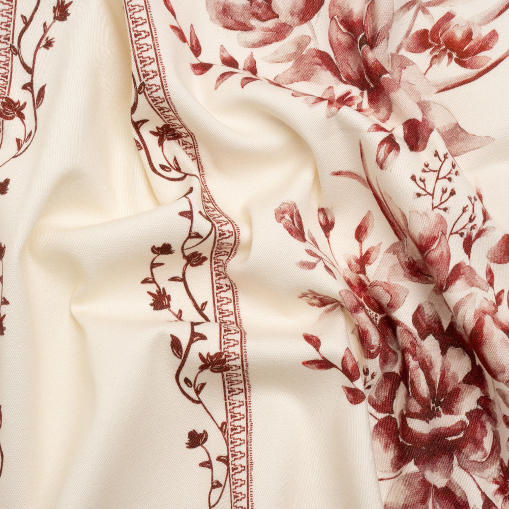 Brushed Stretch Cotton Twill Print - Burgundy and White Floral Stripes - Mood Exclusive Pathway to Paradise - Joann Fabrics