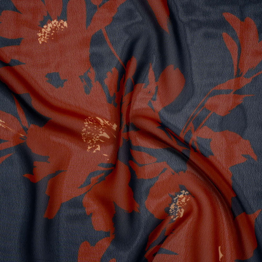 Polyester Chiffon Print - Navy Blue and Rust Floral - Designer Deadstock - Joann Fabrics
