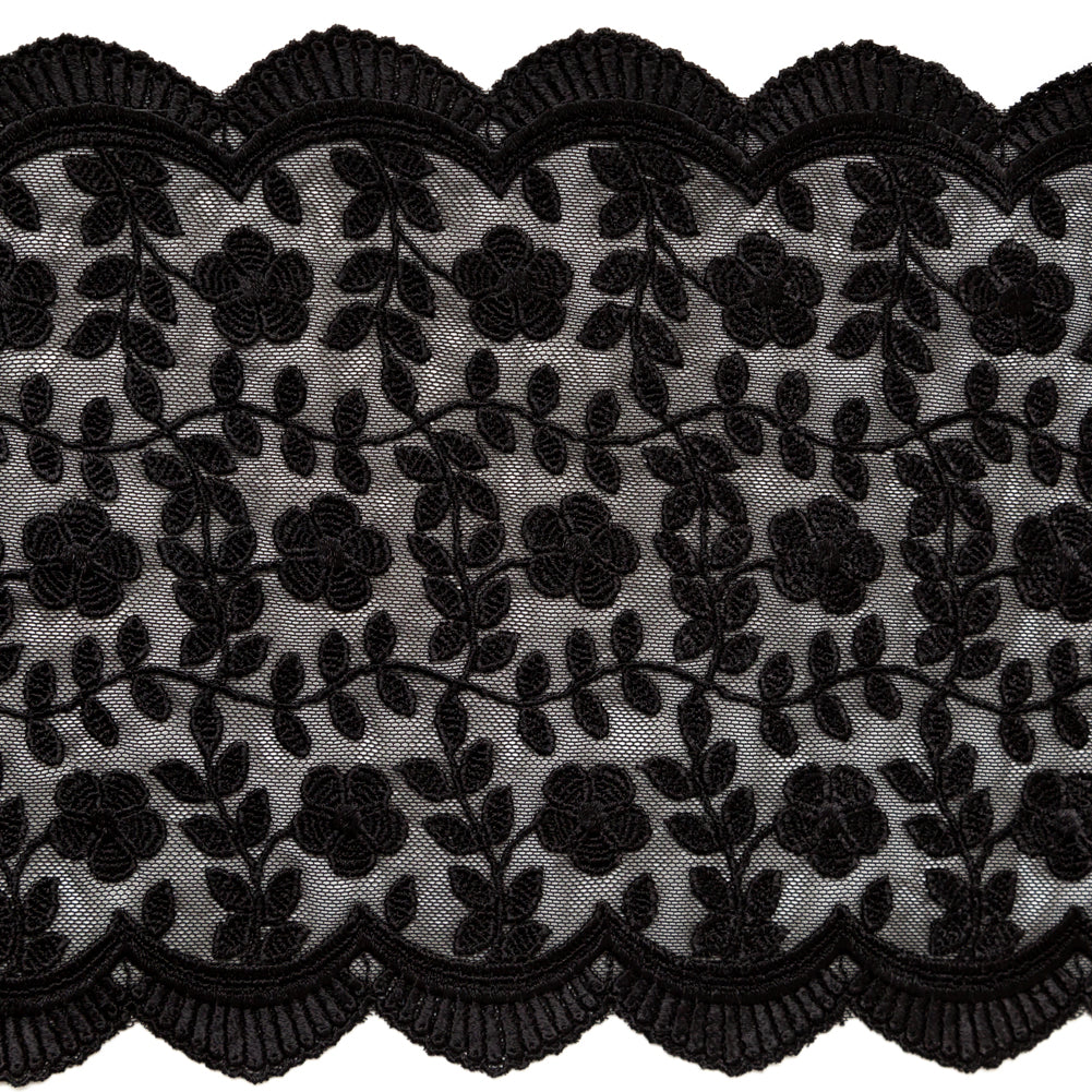 European Black Floral Embroidered Stretch Scalloped Lace Trim - 8