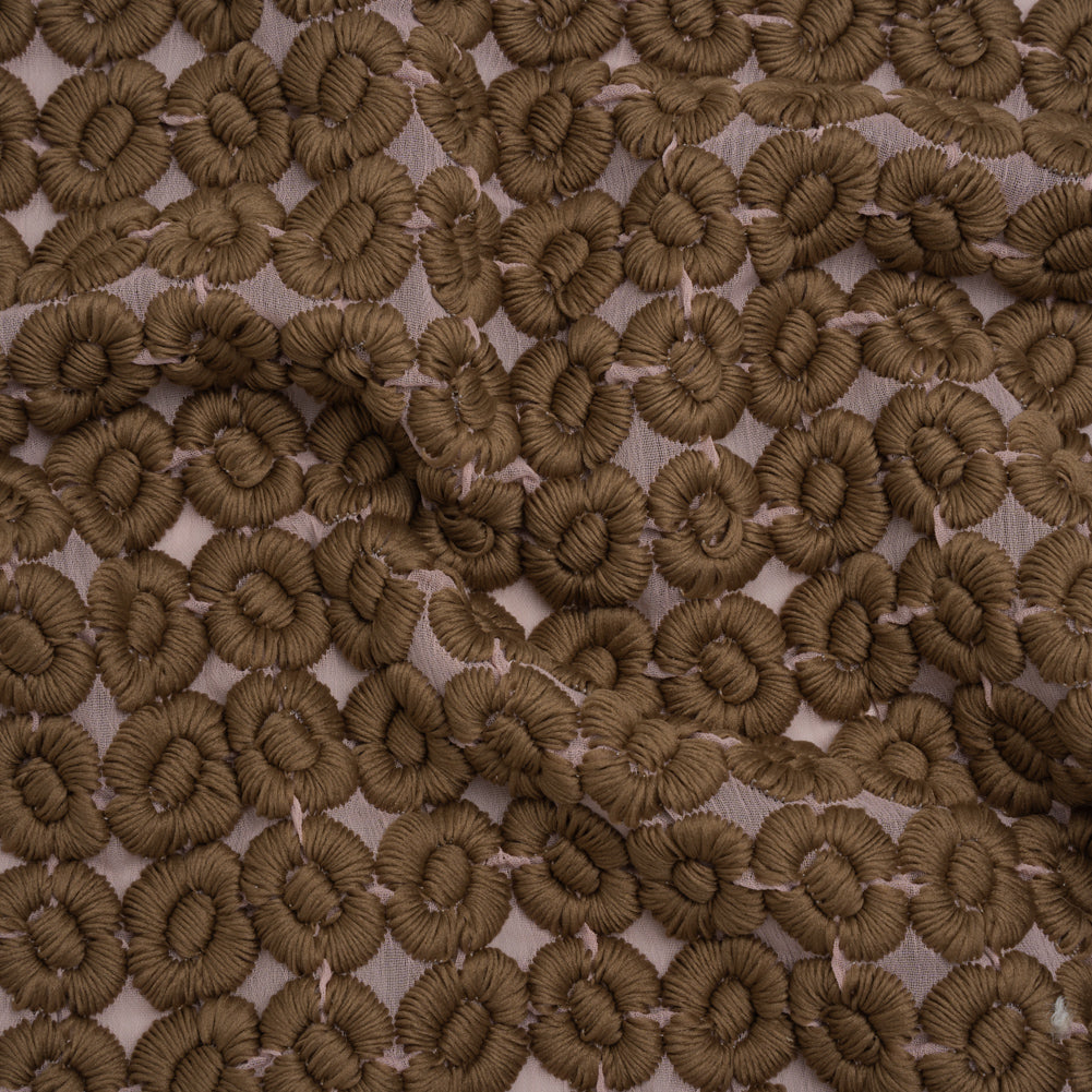 Heavily Embroidered Polyester Crinkled Chiffon - Pink and Brown Flower Dots - Joann Fabrics