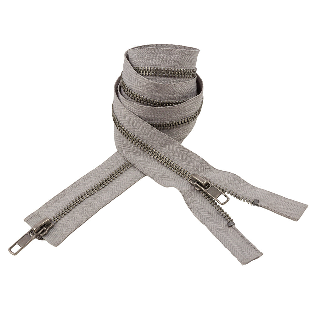 Light Gray and Matte Silver T5 Open End Metal Zipper with Two Pulls - 36