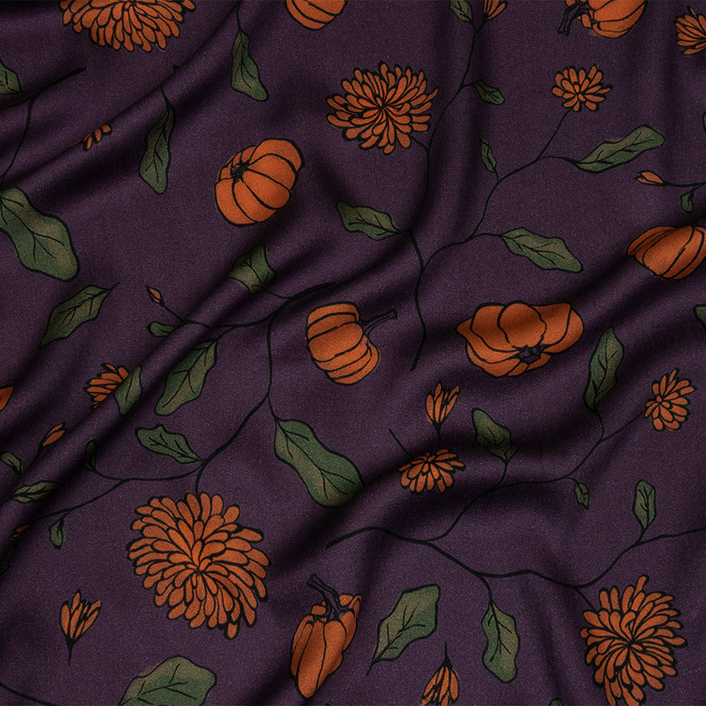 Rayon Challis - Purple and Orange Pumpkins and Flowers - Chrysanthemum Crisp Print - Mood Exclusive Jack-O-Lantern Collection - Joann Fabrics