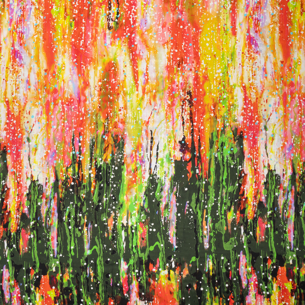 Silk Charmeuse Panel 16MM, Made in Italy - Olive Green, Red and Yellow Streaks and Spots - Joann Fabrics